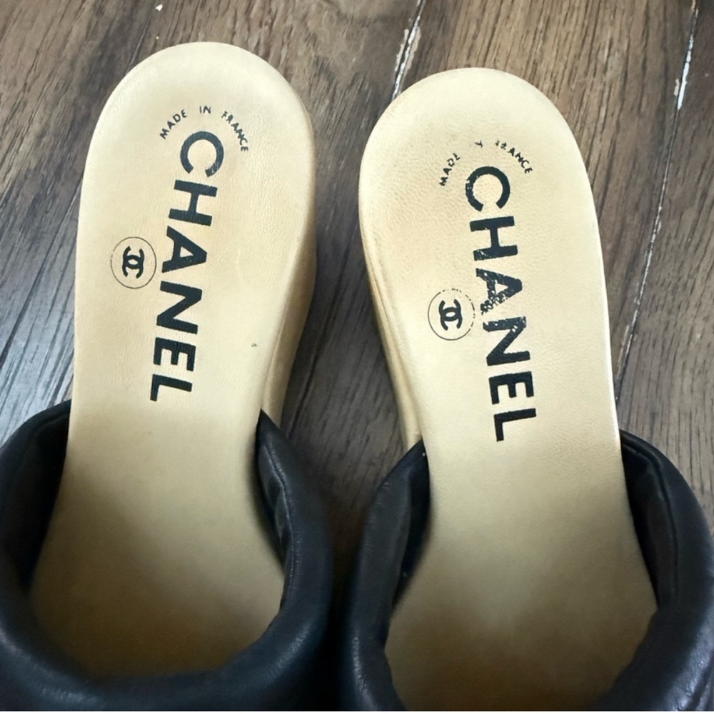 Authentic Chanel Black Leather Women's Wedge Sandals - Picture 7 of 8